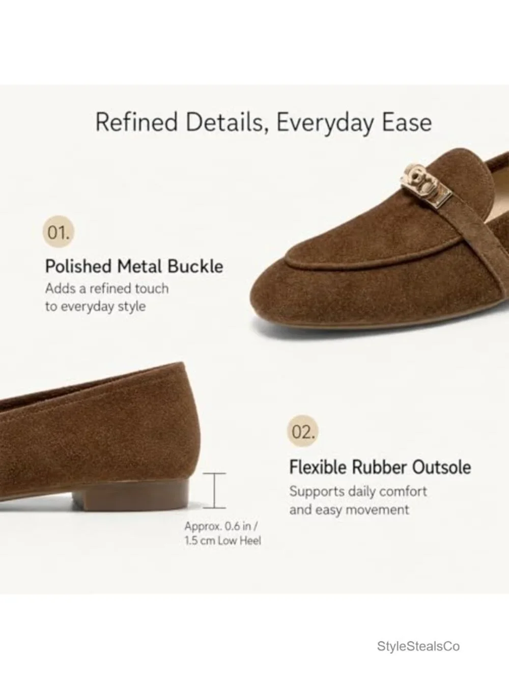 Suede Leather Loafers with Metal Buckle Slip-On Low Heel Work Shoes